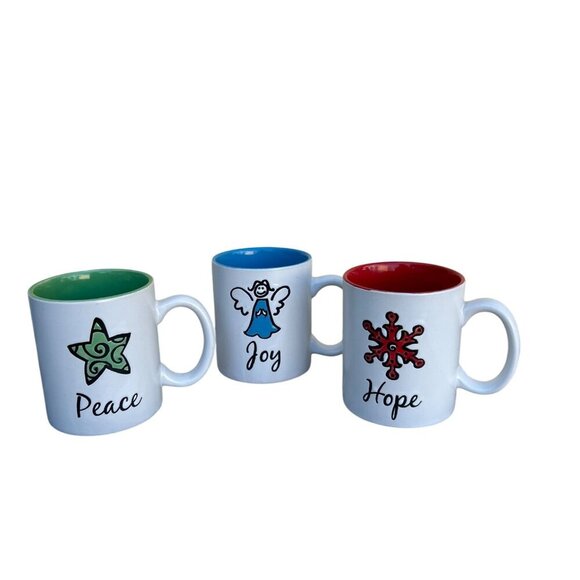 Set Of 3 Holiday-Themed Ceramic Mugs With Colorful Interiors - Peace Joy & Hope - Picture 1 of 12